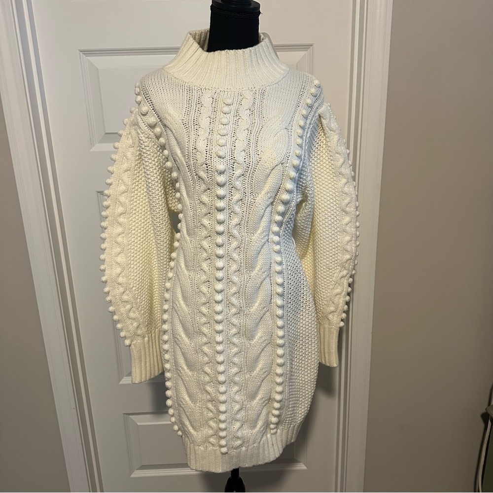 L'ATISTE Cream Cable Knit Bobble Long Sleeve Sweater Dress
